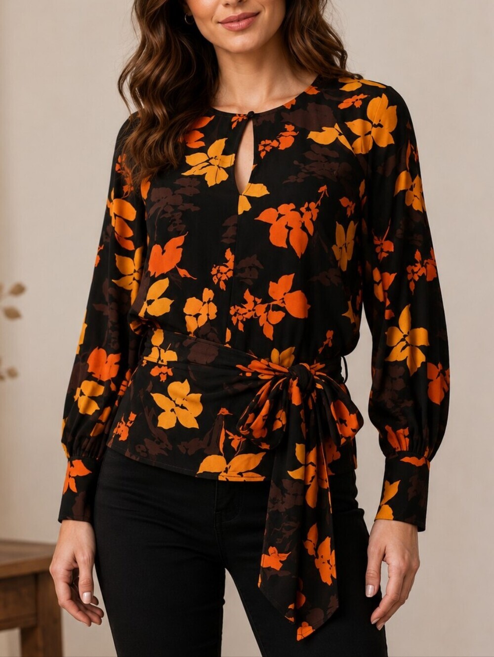 MANGO Floral Black and Orange Keyhole Long Sleeve Tie Waist Blouse